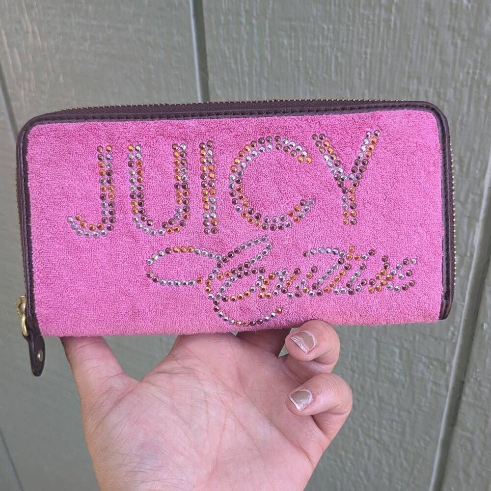 Juicy Couture Y2K Velour Fuchsia Rhinestone Long Zip Wallet